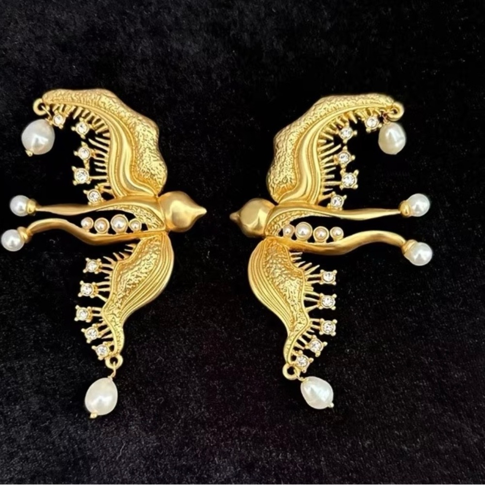 Ornate Gold and Pearl Drop Earrings in a Bird Motif